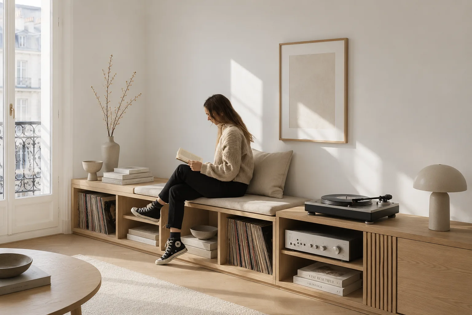 Banc vinyle avec rangement et platine