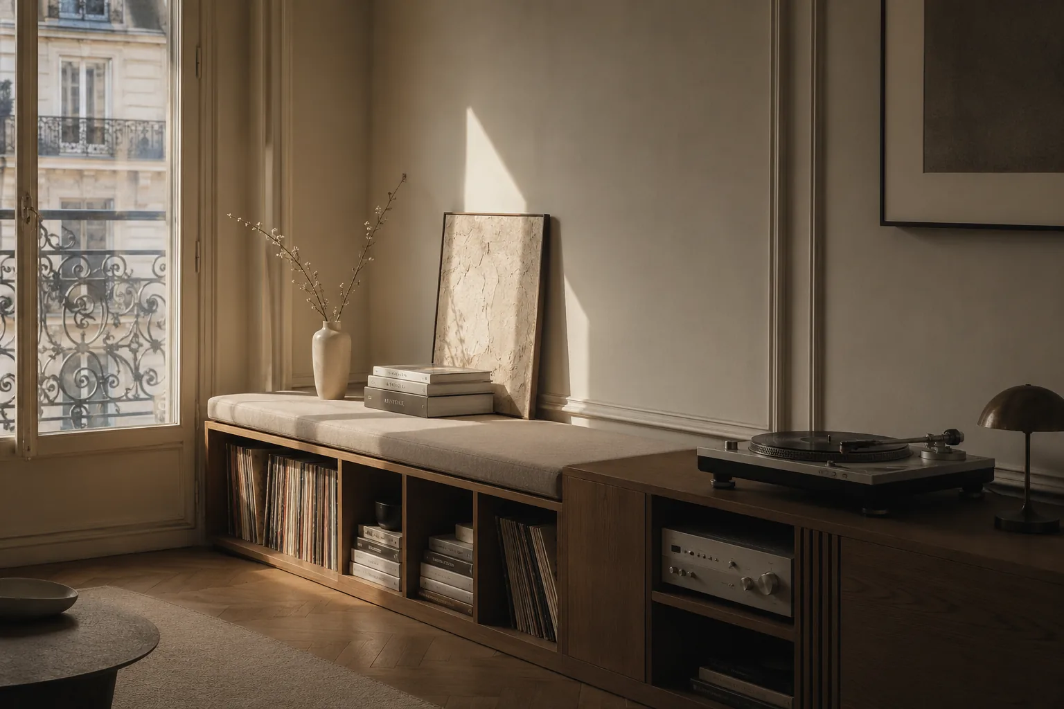 Meuble vinyle noyer — lumière dorée