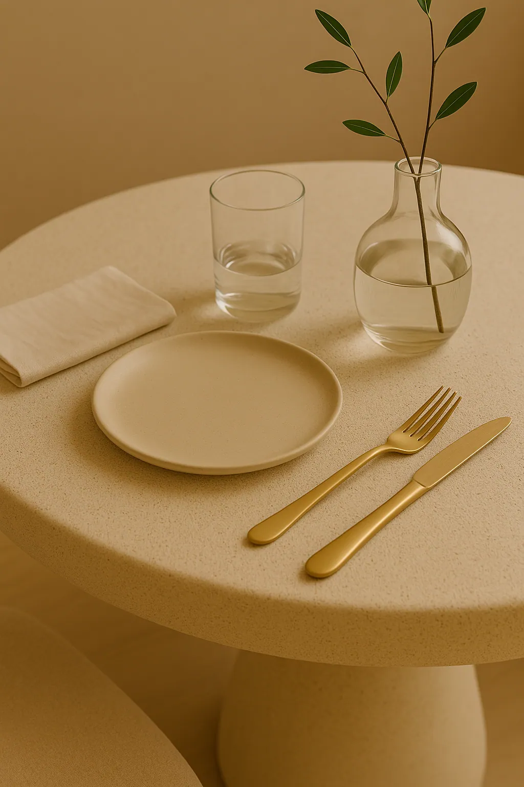 Table dressée en pierre reconstituée, couverts dorés et vase en verre