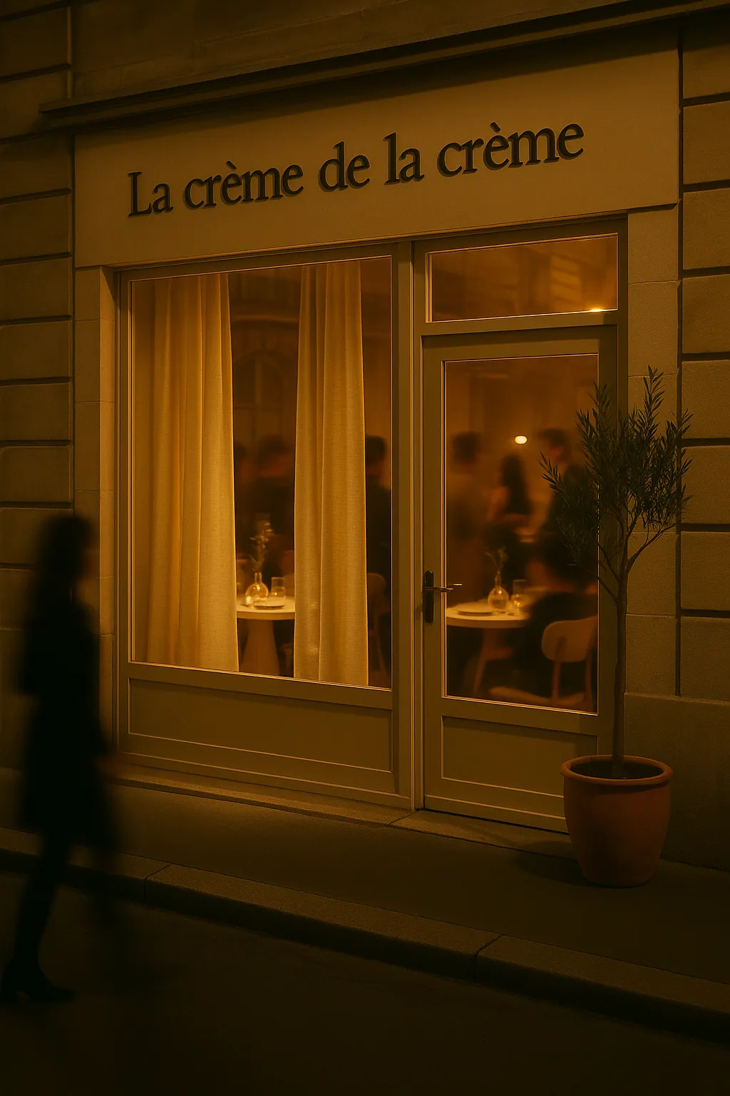 Devanture du restaurant éclairée à la nuit tombée, salle animée en arrière-plan