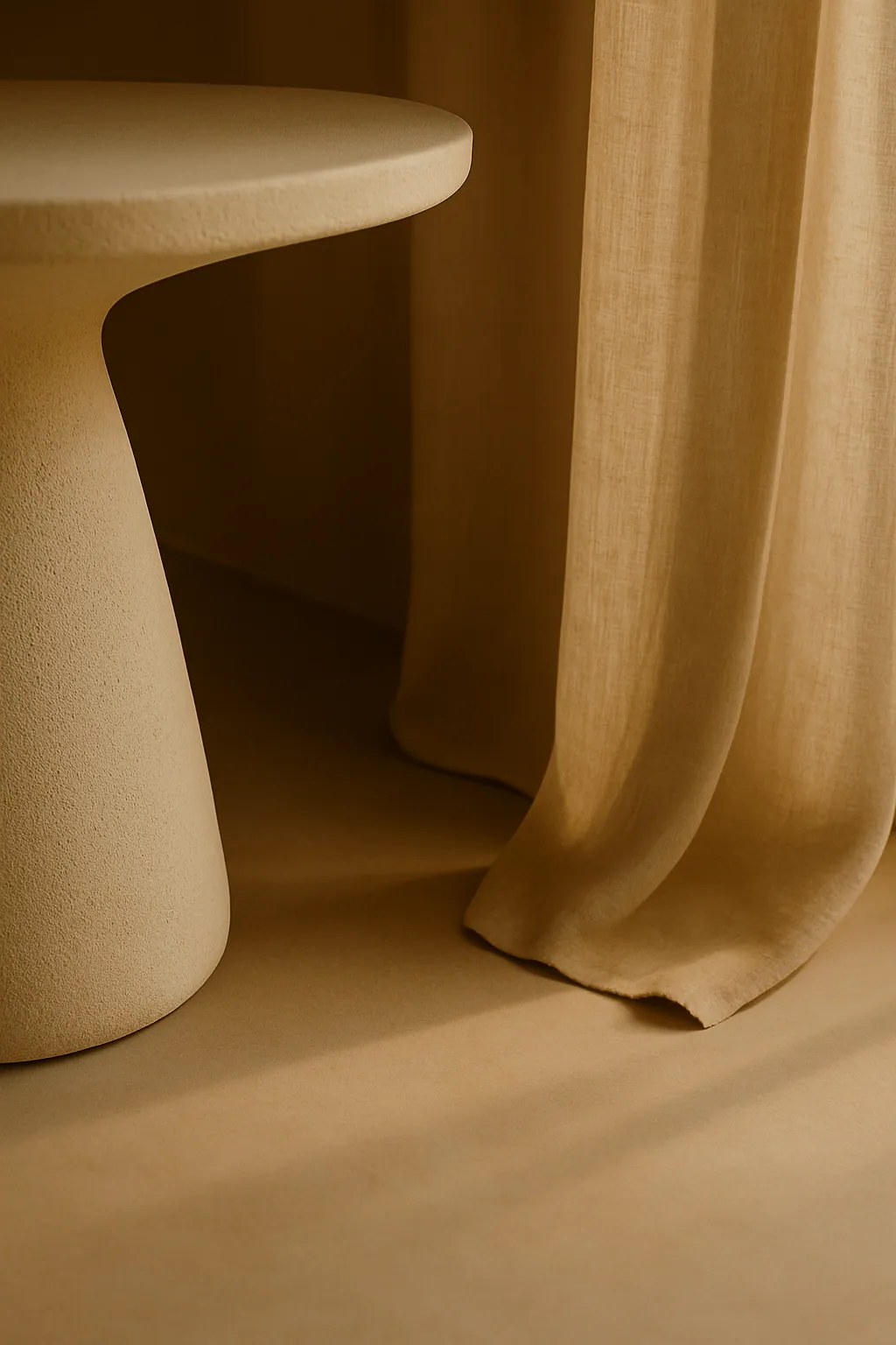 Détail d'une table ronde sur mesure en béton ciré devant un rideau de lin