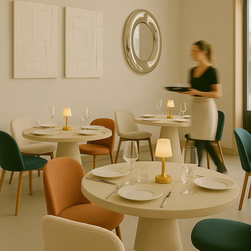 Salle du restaurant, tables rondes sur mesure et chaises vert et terracotta