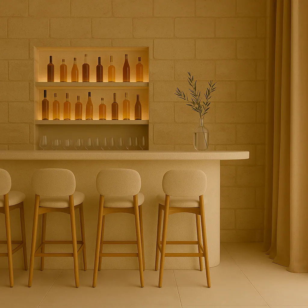 Comptoir de bar à la chaux, tabourets en bois clair et niche à bouteilles rétroéclairée