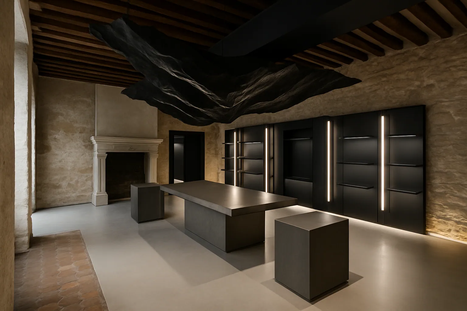 Showroom sous poutres anciennes, îlot central sombre et vitrines rétroéclairées