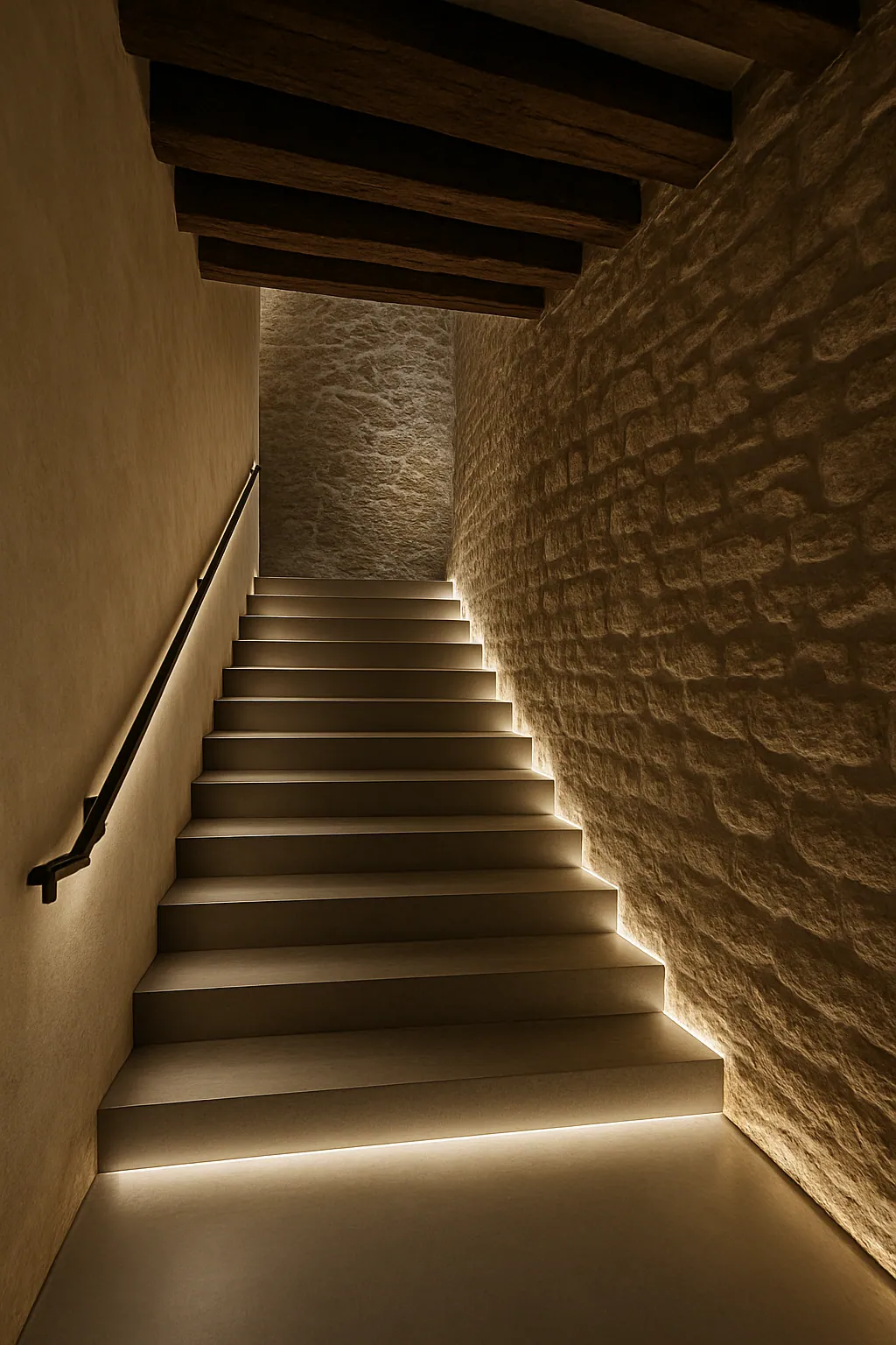 Escalier éclairé marche à marche le long d'un mur de pierre appareillée