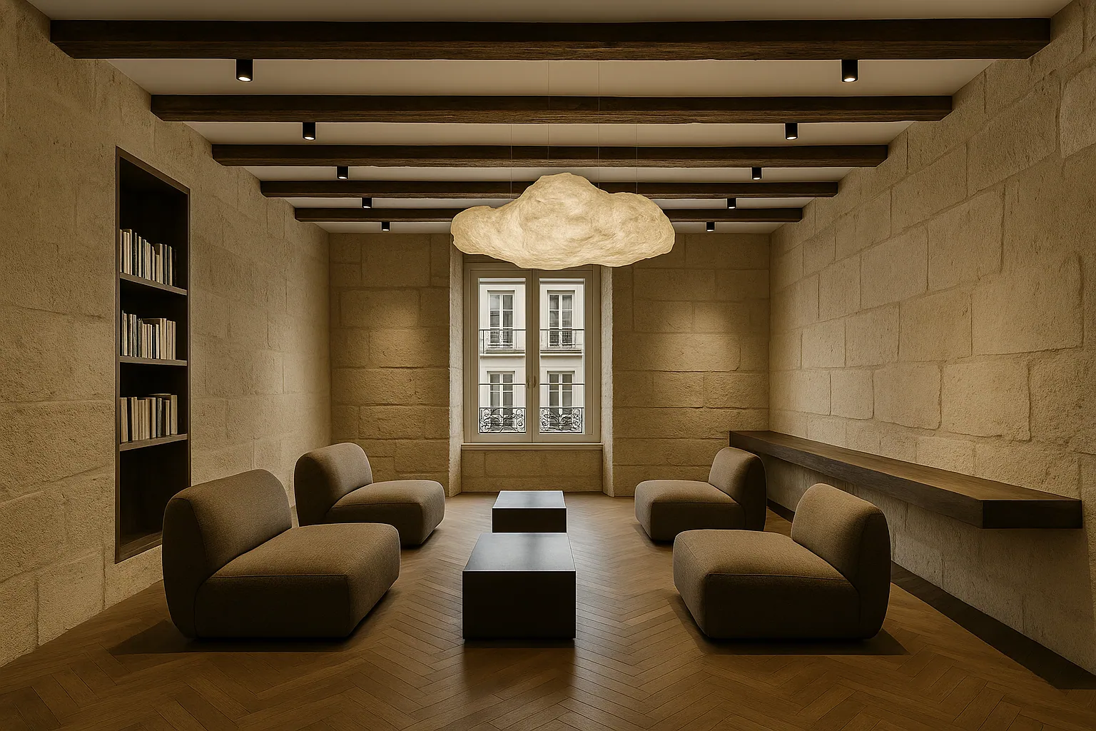 Salon d'attente sous un luminaire nuage, murs de pierre et banquettes