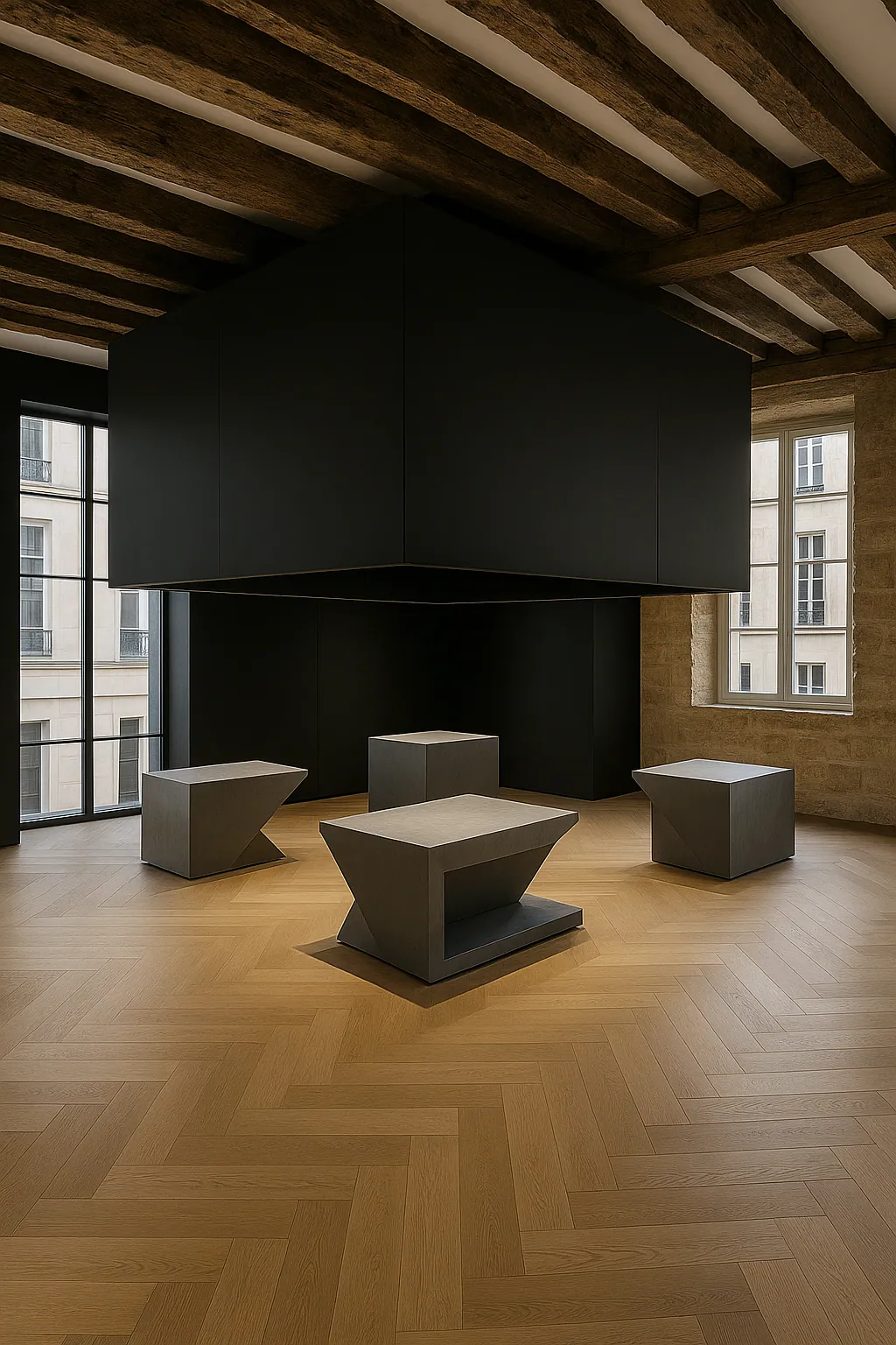 Volume noir suspendu sous charpente ancienne et parquet en chêne