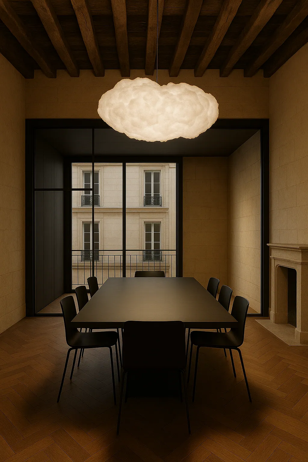Salle de réunion, table sombre et luminaire nuage sous poutres anciennes