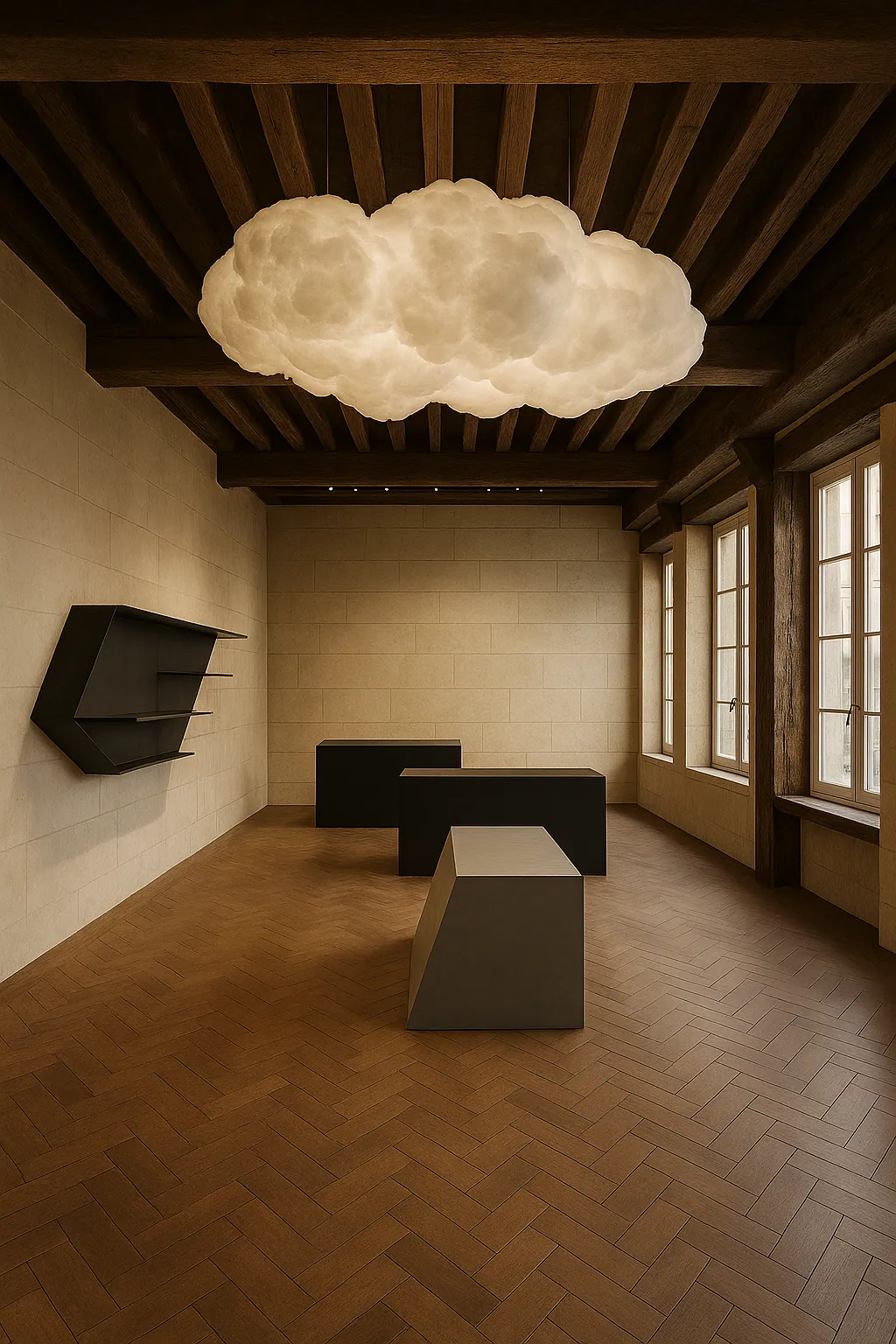 Espace d'exposition aux podiums noirs sous un luminaire nuage