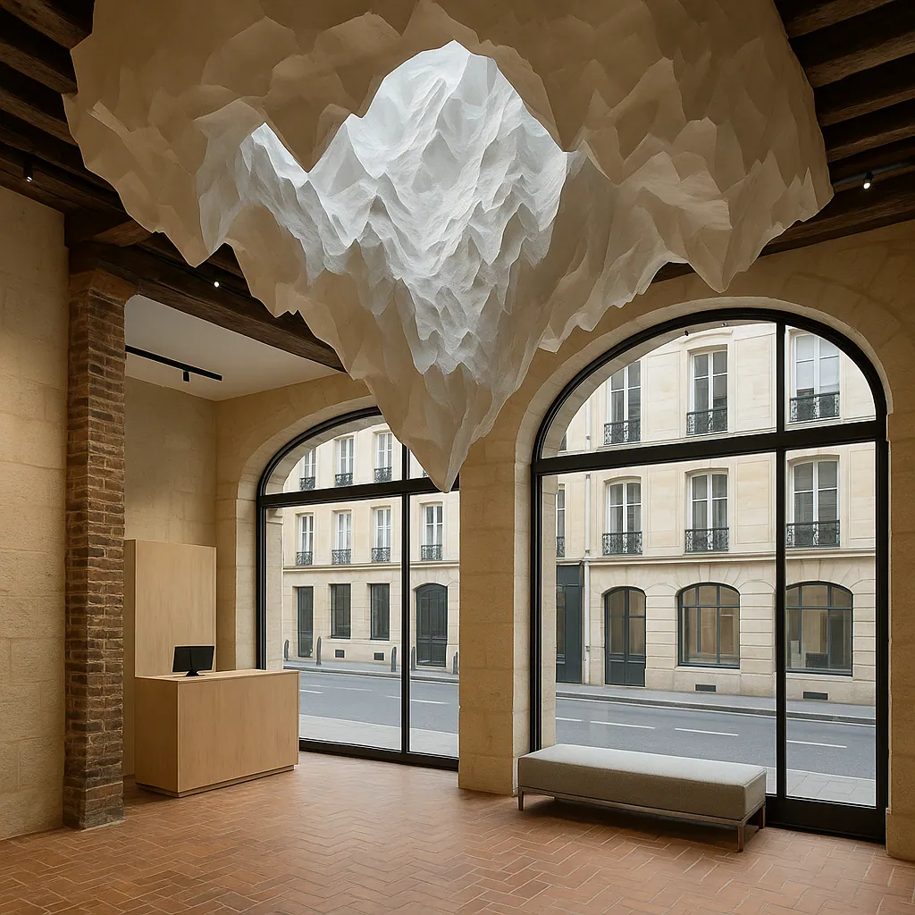 Accueil de la boutique, sculpture de papier suspendue et grandes arches vitrées