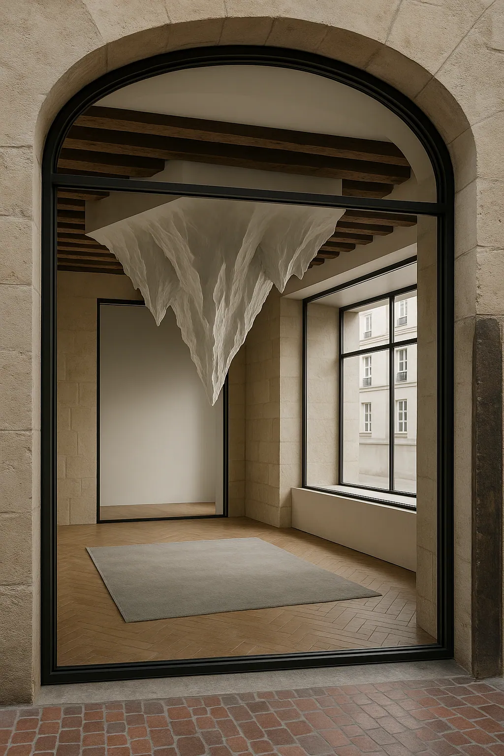 Vitrine en arche sur rue et sculpture textile suspendue - immeuble du Marais, Paris